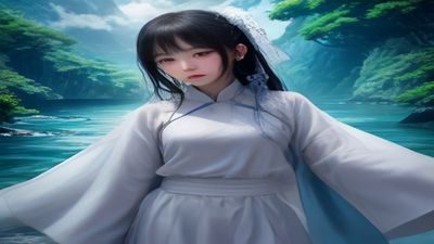 身着汉服的女生站在古典园林回廊处，手执团扇半遮面，远处水榭若隐若现，画面红墙白雪映衬，是复古国风女生图片的经典构图